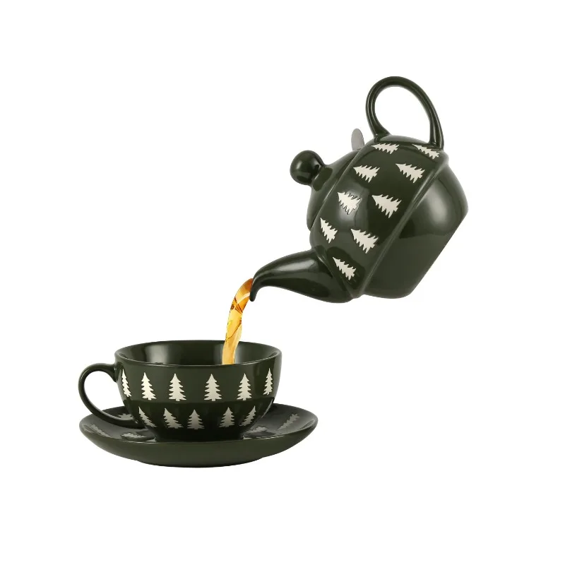 

London Pottery 300ML ceramic Christmas tree teapot with infuser and 300ml porcelain cup and saucers