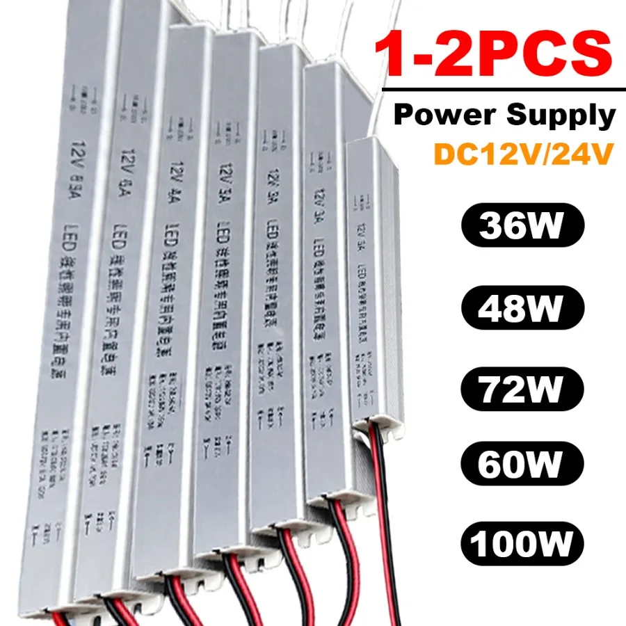 1-2PCS 12V/24V Lamp Strip Driver Power Supply IP20 Dustproof Aluminum Shell Driver for Staircase Outdoor Lighting Transformer