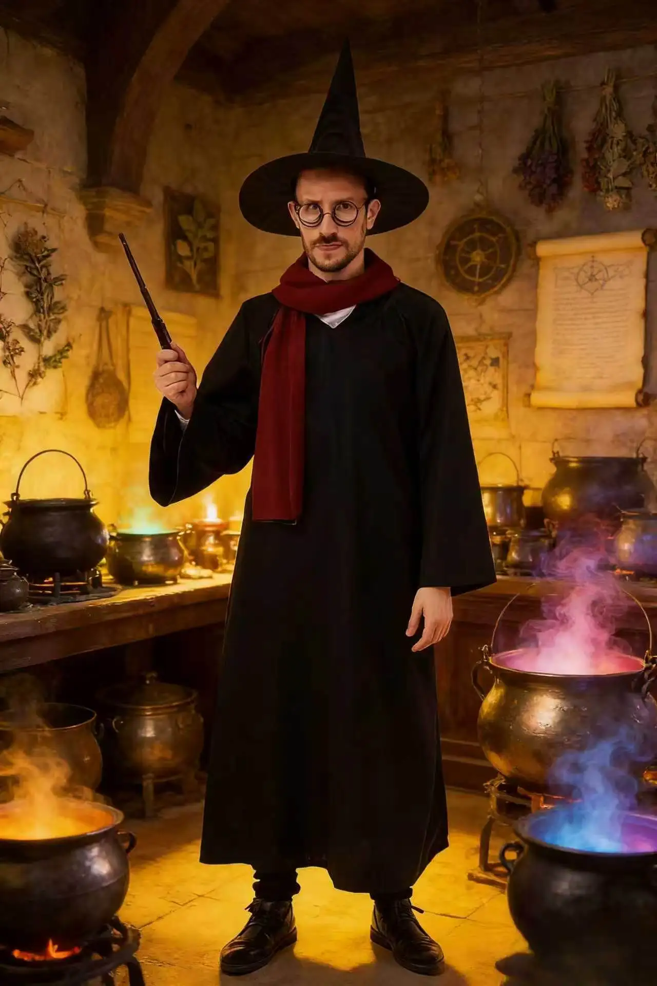 Halloween Wizard Costume Accessory Set Black Witch Hat Round Glasses Magic Wand Cosplay Props for Harry Potter Themed Party Fanc - view 4