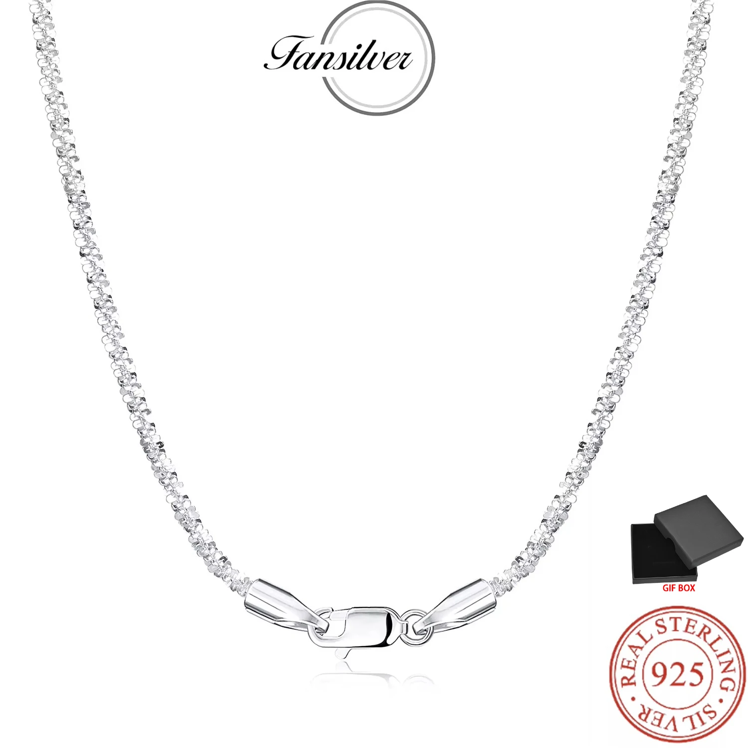 Fansilver S925 Sterling Silver 2MM Fancy Chain Necklace for Women Men Silver Lobster Claw Clasp Neck Chain with Gift Box