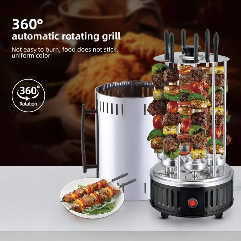 Vertical Electric Grill with Automatic Rotisserie  1000W Power  Anti-Slip Feet Oil Drip Pans for Smoke-Free Grilling