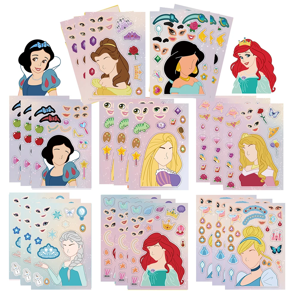 Pegatinas de rompecabezas de princesa de dibujos animados de Disney para niños, calcomanías de ensamblaje, juguetes, decoraciones de fiesta para niños, 8, 16 hojas