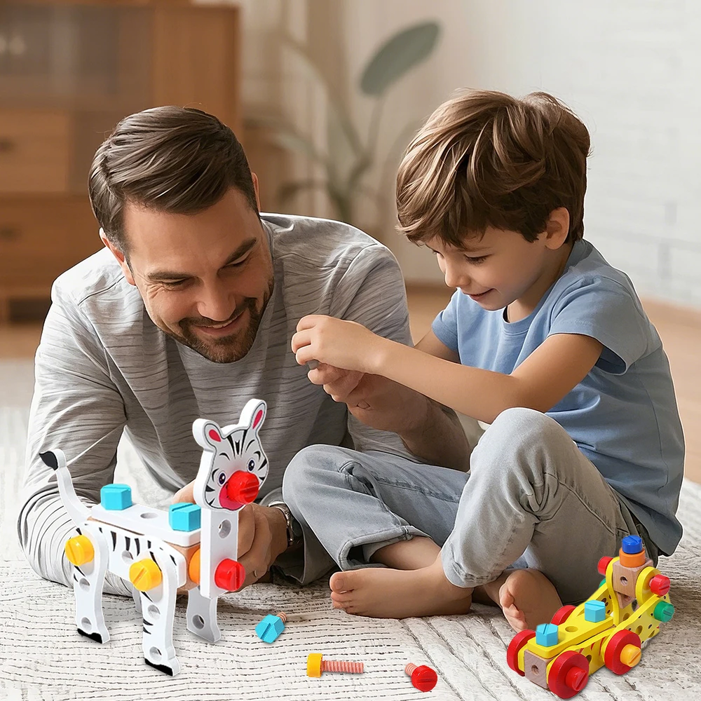 Kinder-Werkzeugkasten Kreatives DIY-Spielzeug Schrauben- und Muttern-Entfernungs-Set Holzbausteine für Jungen und Mädchen mit Aufbewahrungsbox für Kinder von 3-6 Jahren – Detail 4