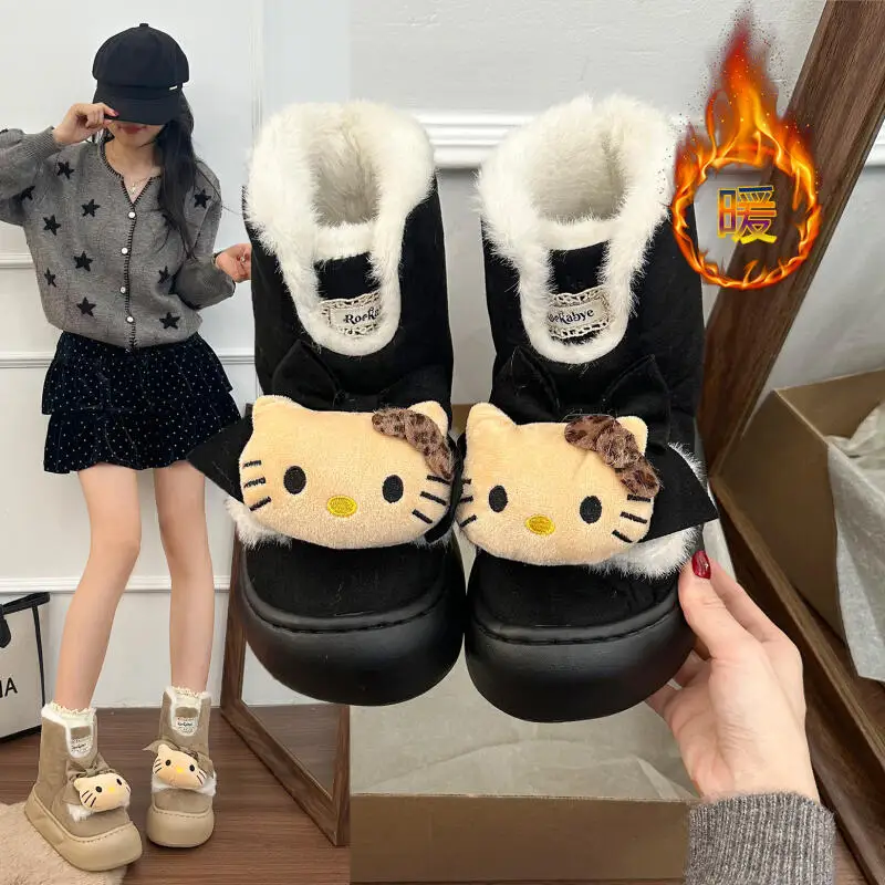 

Hot Anime Hello Kitty Plush Snow Boots Women Warm Lined Shoes Trendy Winter Home & Outdoor Shoes for Daily Comfort & Cute Looks