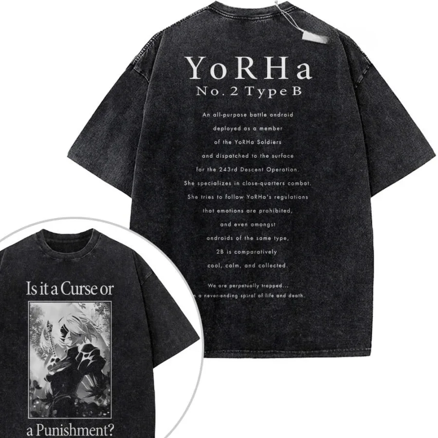 2026 Sommer NieR Automata 2B YoRHa Maid Anime Washed T-Shirt für Herren und Damen – Vintage Oversized Streetwear Harajuku Lässiges Baumwoll-T-Shirt – Detail 4