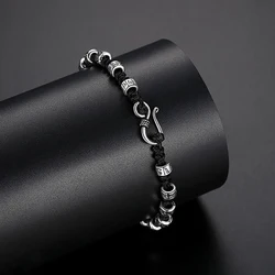 Exquisite Retro S925 Silver Bracelet Woven Black Rope Round Ball Six-Character Mantra Chain Lucky Jewelry Gift for Men