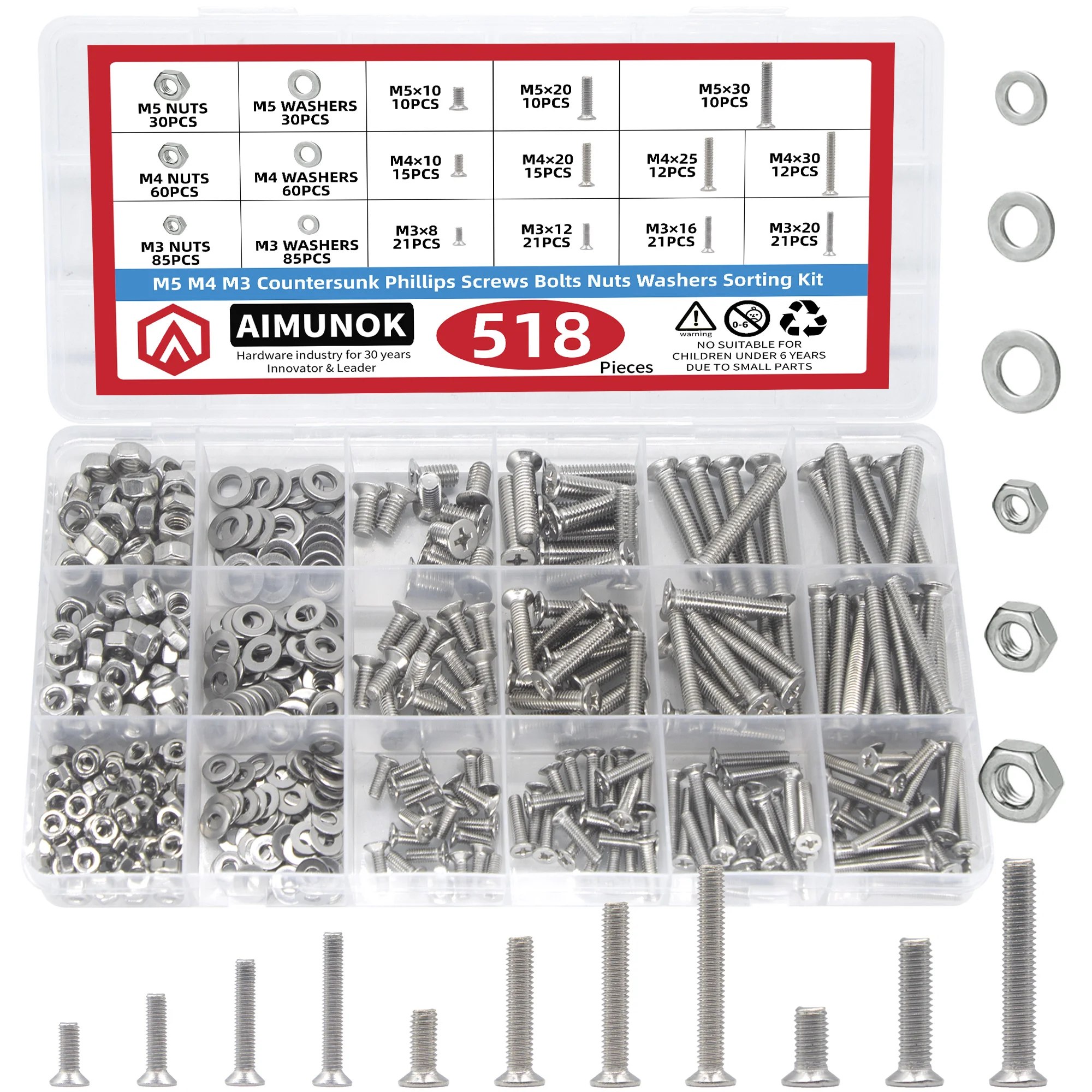 518pcs countersunk Head Screws with Nose Screw Set M3 M4 M5 Screw & nut 304 Stainless Steel Cross countersunk Head Screws