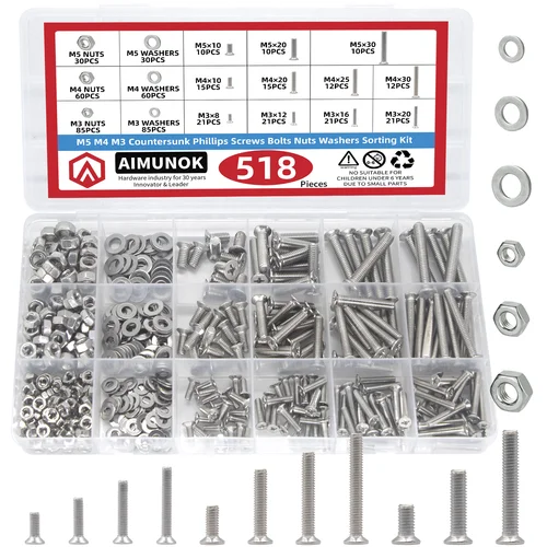 518 Uds tornillos de cabeza avellanada con juego de tornillos de nariz M3 M4 M5 tornillo y tuerca 304 tornillos de cabeza avellanada cruzada de acero inoxidable
