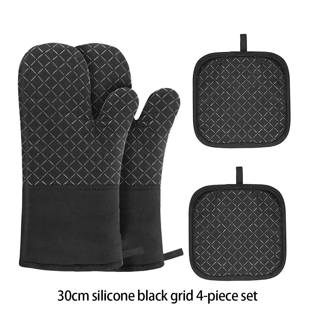 4 Pieces/Set Oven Portable Silicone Gloves Baking BBQ Mittens Heats Resistant Microwave Ovens Nonslip Mitts Black Grid