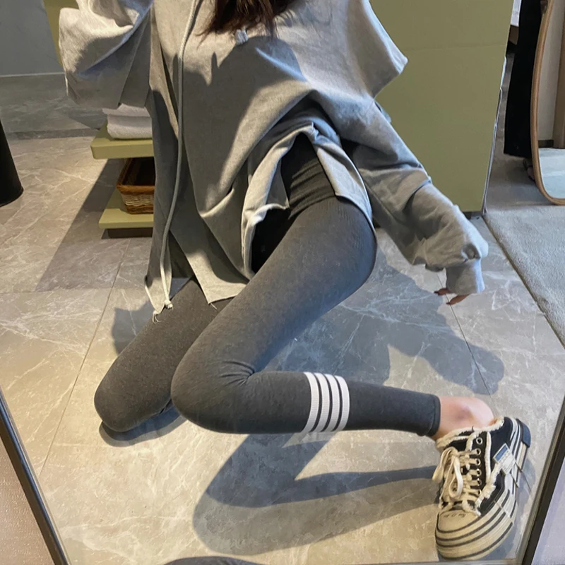 Women's Autumn Winter High Waist Slim Fit Casual Leggings Stripe Base Layer Pants Elastic Belly Slimming Butt Lifting Trousers
