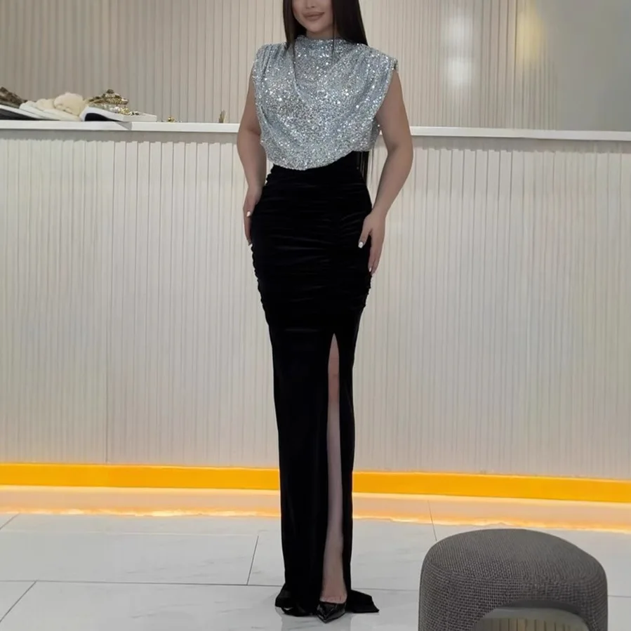 سيدة الموضة بلا أكمام ثنيات سبليت فستان عادية س الرقبة الترتر الربط فستان الحفلات 2026 السنة الجديدة أنيقة عالية الخصر فستان طويل #4