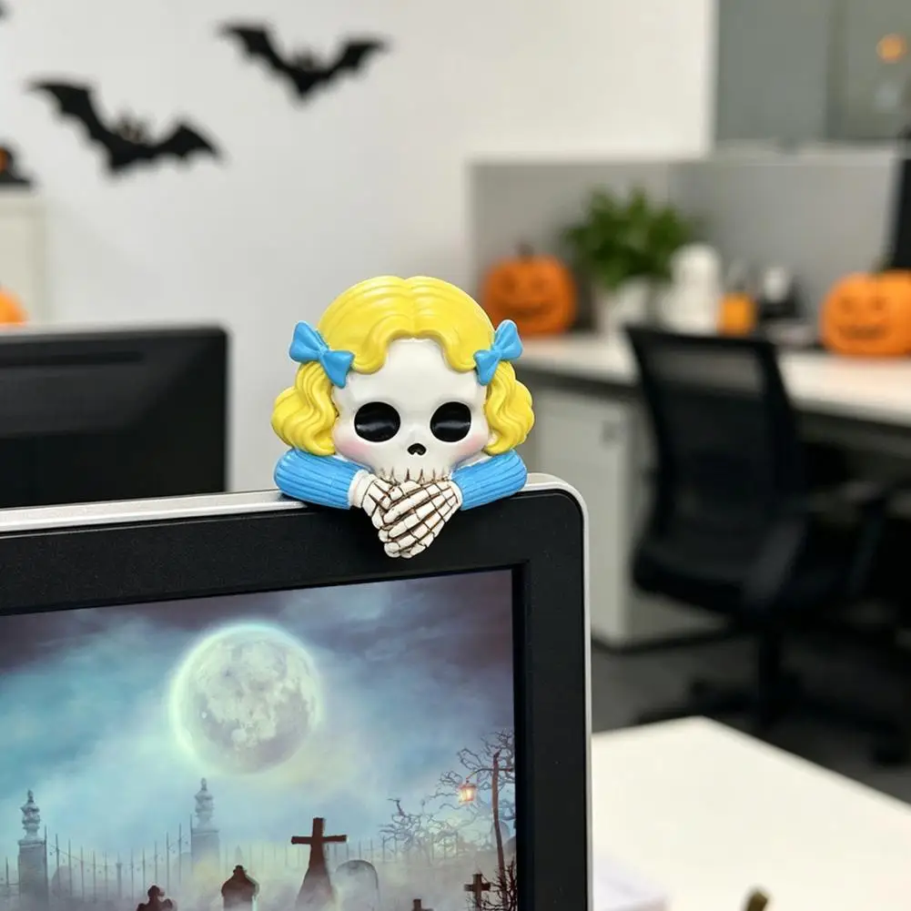 1pc Halloween Blonde Skeleton Girl Edge Sitter Resin Statue Blue Bows Gothic Outdoor Garden Plant Pot Decor