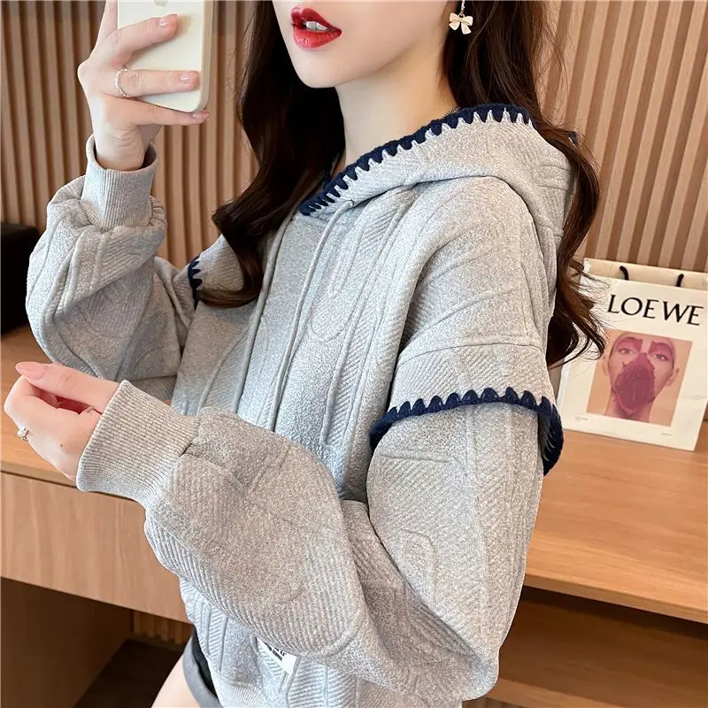 Casual Drawstring Hooded Pullovers Spring Autumn Stylish Jacquard Weave Female Clothing Loose Spliced Long Sleeve Sweatshirts