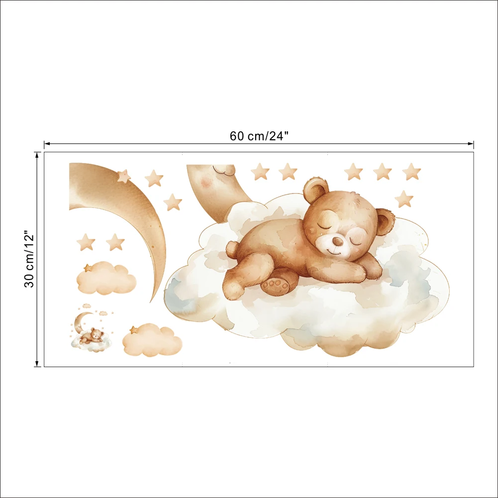 Cute Cartoon Teddy Bear Sleeping on the Moon and Stars Wall Stickers for Kids Bedroom Baby Room Decoration Wall Decals Room