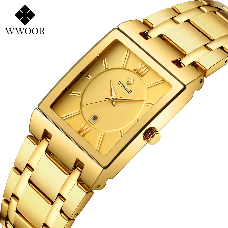 WWOOR Gold Men Watch Top Brand Luxury Quartz Stainless Steel Waterproof Mens Watches Square Date Watch for Men Relogio Masculino