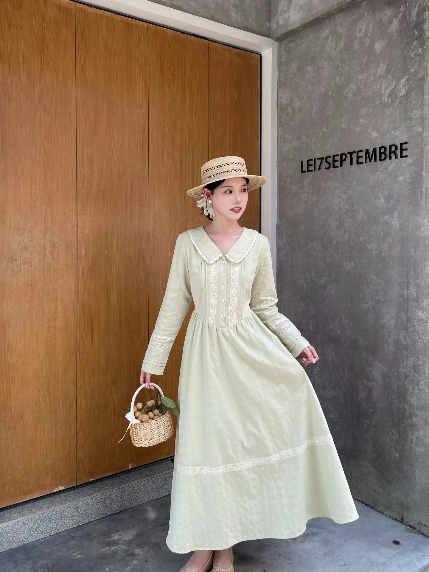 

MOBAI Vintage Ruffle Collar Long Sve Women's Dr Waist Cinched A-Line Skirt Cotton Polyester Blend No Stretch Autumn Dr