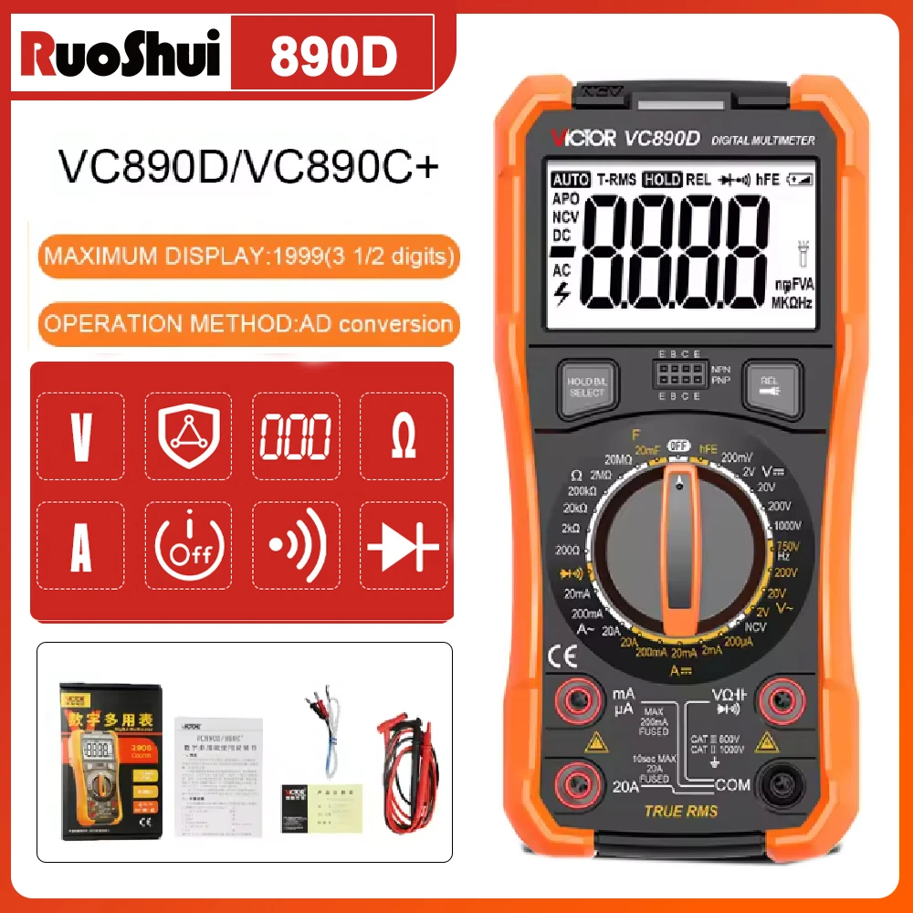 VICTOR Professional Digital Multimeter Voltage tester TRMS 2000Counts 20mF Capacitor 20A Currents Measurement Meter