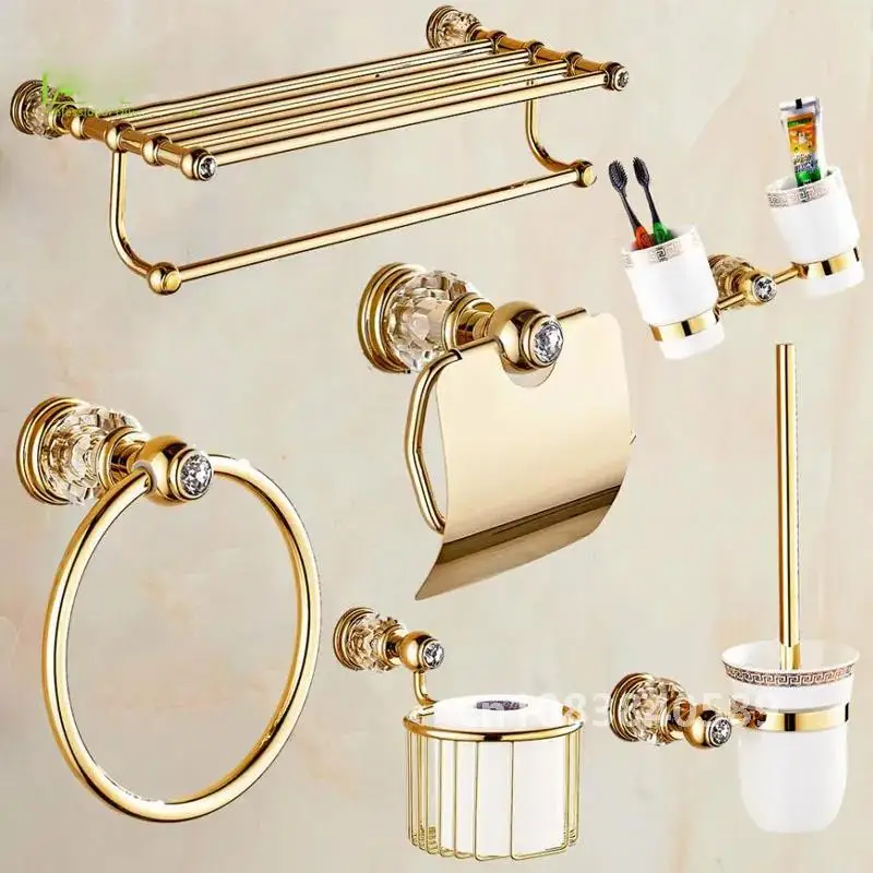 Luxury Gold Crystal Brass Bathroom Accessories Bathroom Hardware Set Gold Soap Dish Towel Holder Hair Dryer Rack Paper Net 2