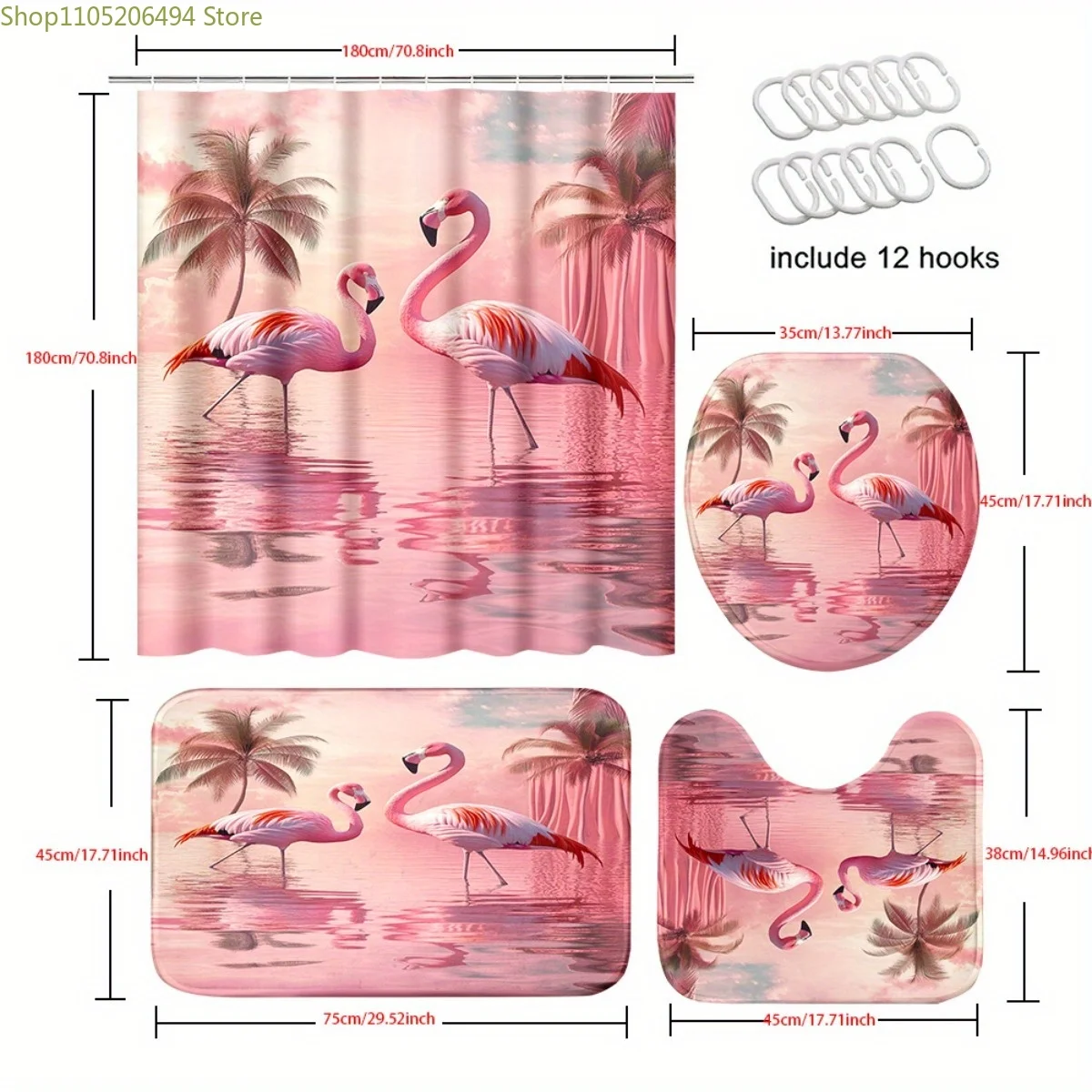 

1/4pcs Flamingo pair water Pattern Shower Curtain Set, Shower Curtain with 6/12 Hooks, Non-Slip Bath Rug, U-Shape Mat, Toilet