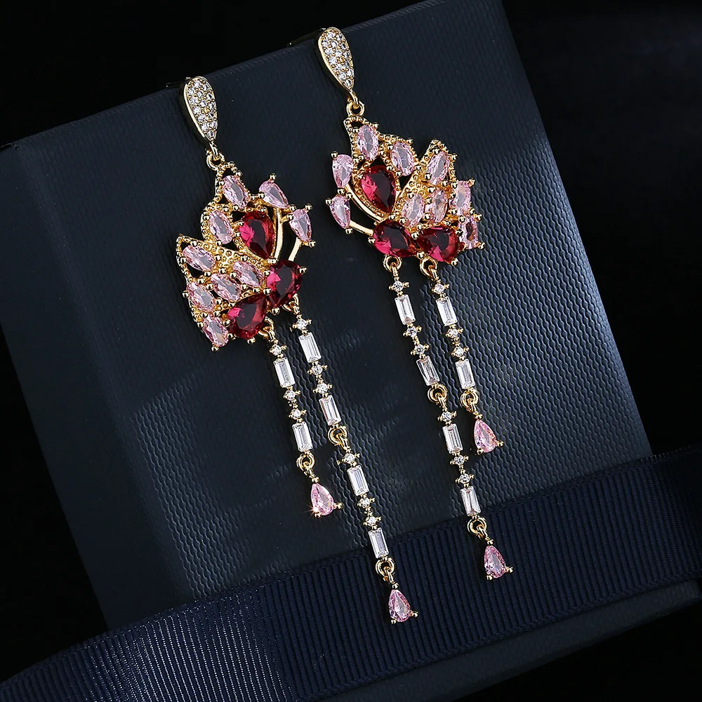 

925 Silver Temperament Long Butterfly Tassel Drop Earrings Pink Red Cubic Zirconia Trending Gold Color Women Jewelry Gift