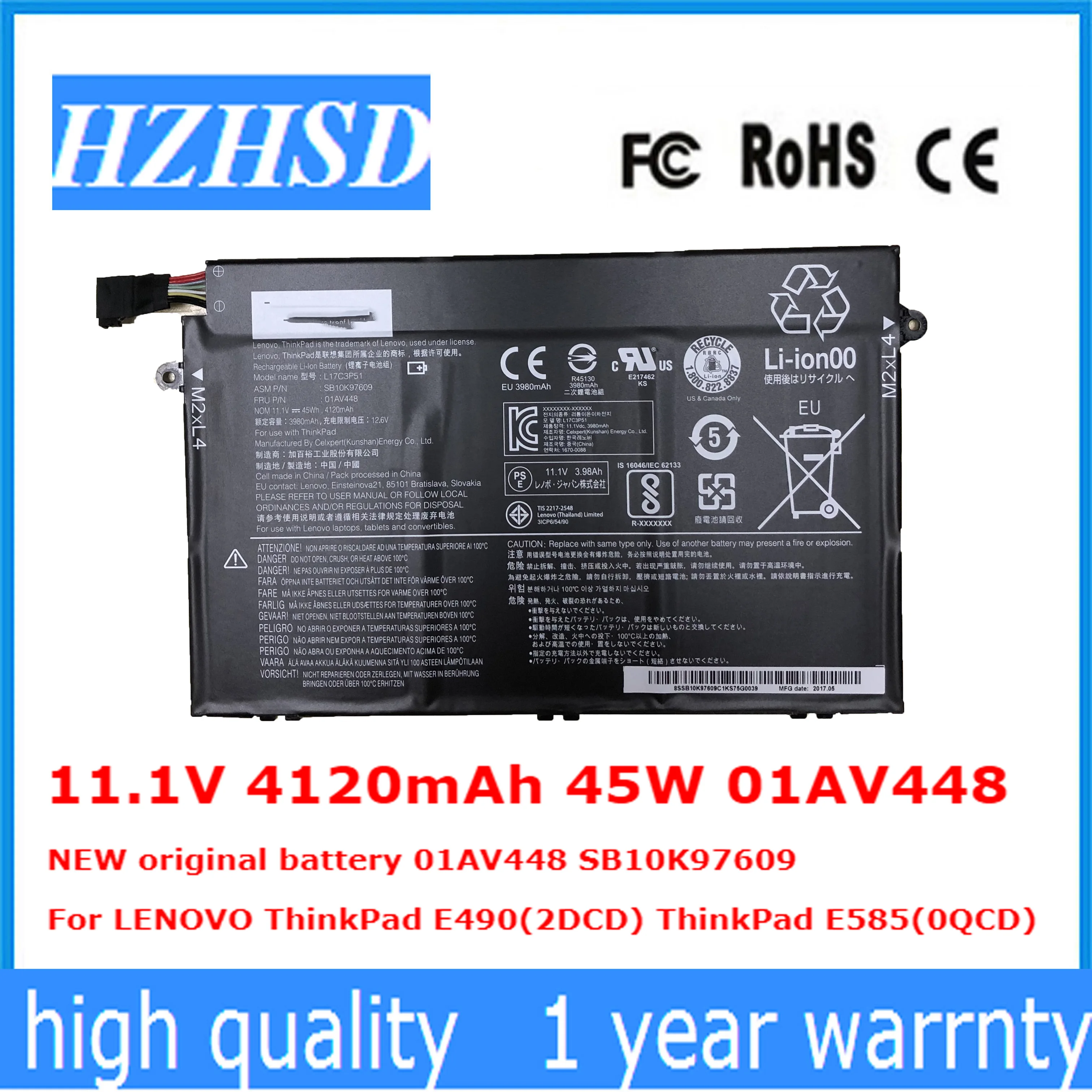 11.1V 4120mAh 45W 01AV448 NEW original battery 01AV448 SB10K97609  For LENOVO ThinkPad E490(2DCD) ThinkPad E585(0QCD)