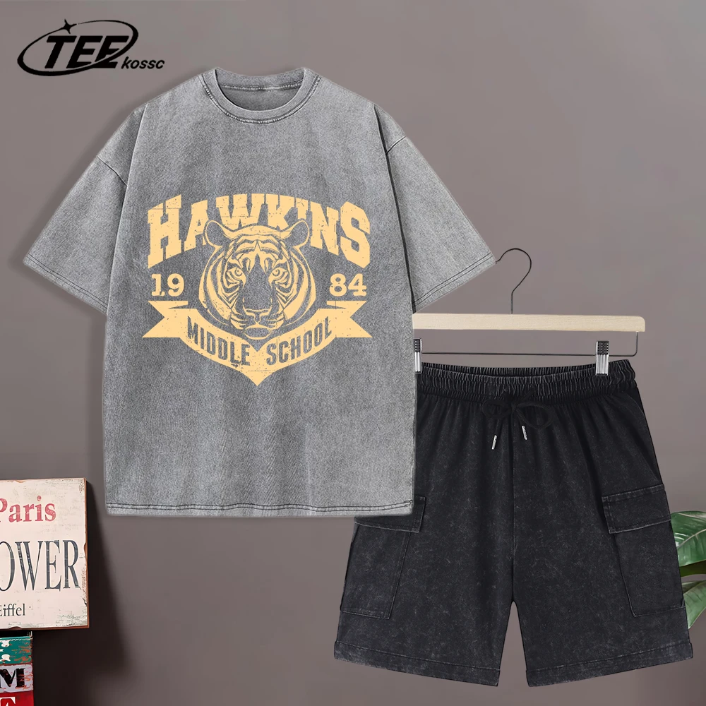 

Hawkins 1984 Middle School Printing Retro Men T-Shirt Fashion O-Neck Tee Set Hip Hop Creative Clothing Cotton Loose Short Sleeve