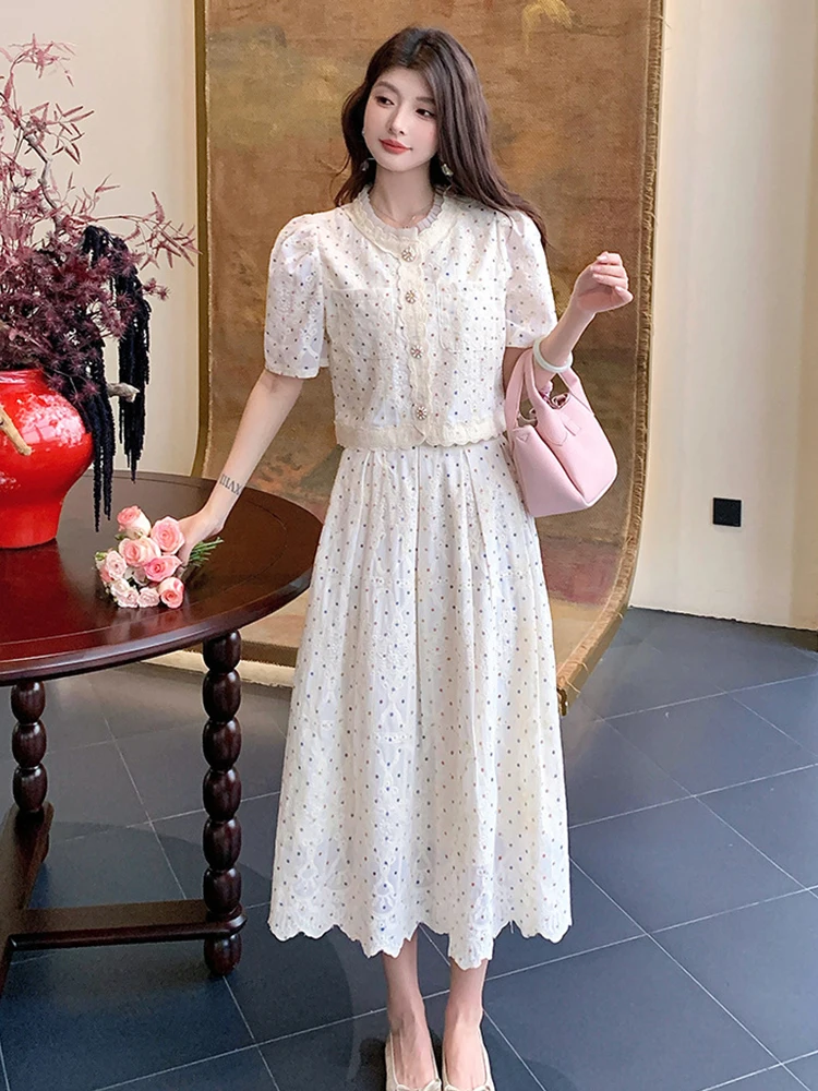 

Женская одежда с цветочной вышивкой, кружевные топы с пышными рукавами, рубашка, блузка и юбка трапециевидной формы, Mujer, комплект из 2 предметов, повседневный летний новый