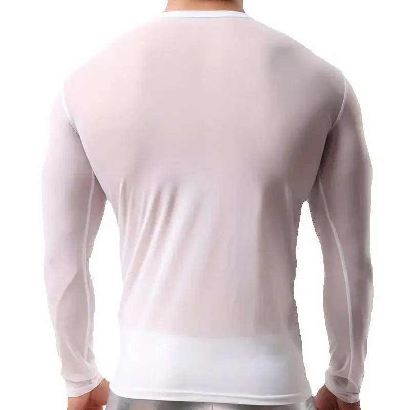 Mesh Transparent T-shirts Men Sexy Sheer See Through Long Sleeve Tops Undershirt Tshirt Fitness Lounge Tees