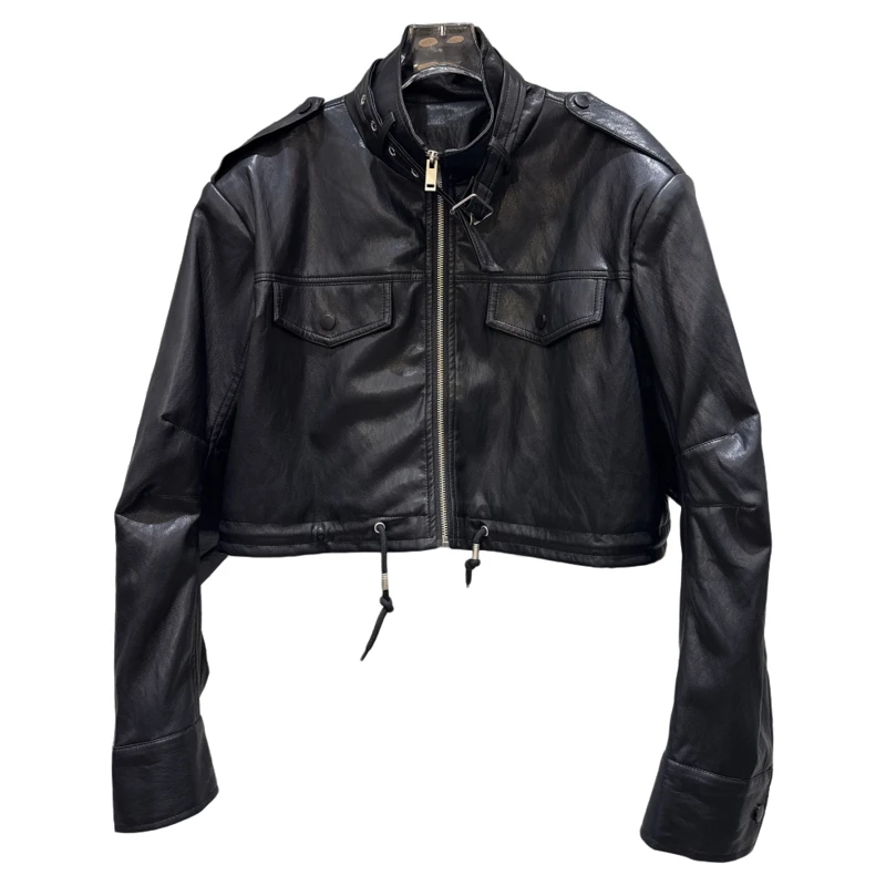 Giacca da donna autunno inverno High Street moto manica lunga allentata corta in pelle Pu Lady Cool Girl capispalla a collo alto
