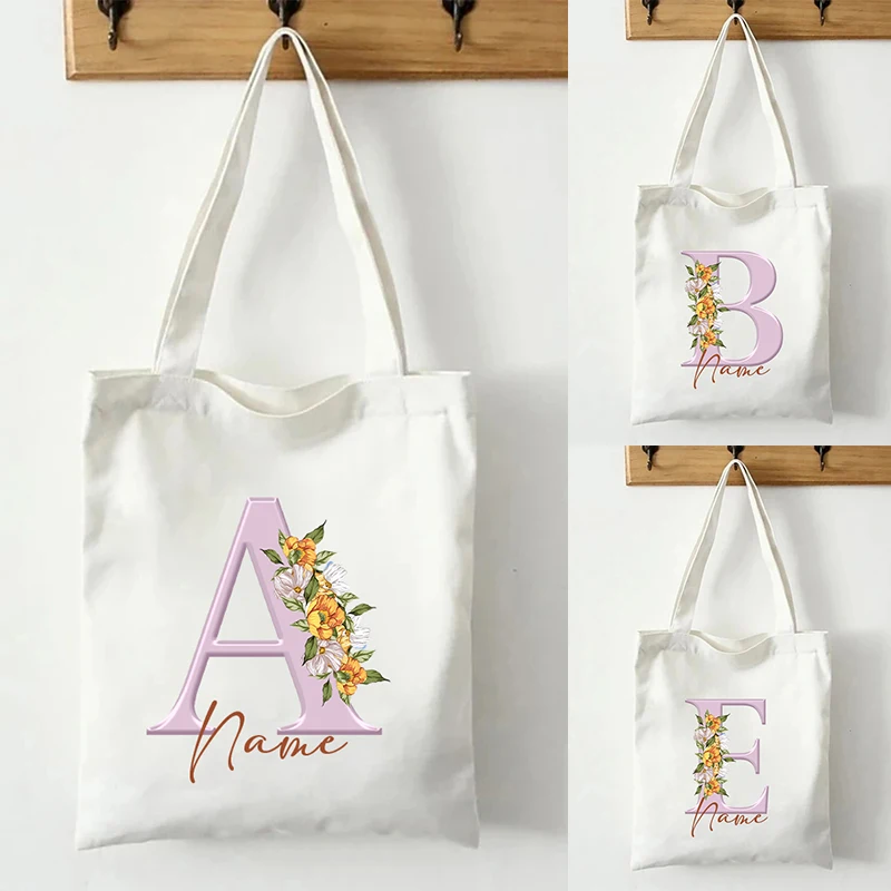 Peony Flower Letters Custom Name Shoulder Bag Canvas Storage Tote Bag Fashion Handbag Wedding Bride Bridesmaid Personalized Gift