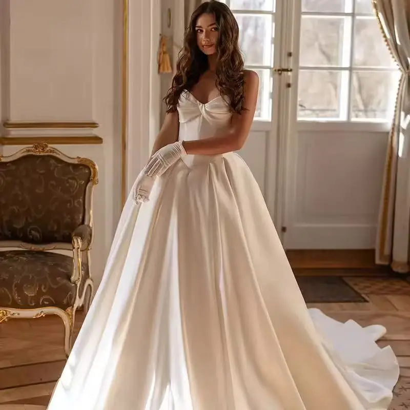 

Boho Beach A-Line Wedding Dresses White Sweetheart Satin Maxi Bridal Dress Simple Wedding Ball Prom Gowns Customized