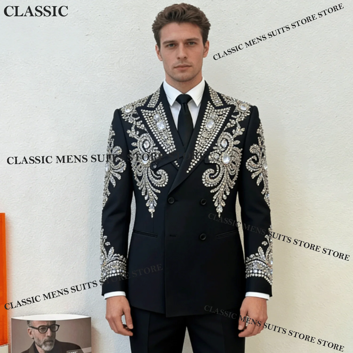 Customized Diamond Crystal Men Suits 2 Pieces Sets Male Party Blazers Exquisite Groom Birthday Tuxedos Slim Sequin Costume Homme