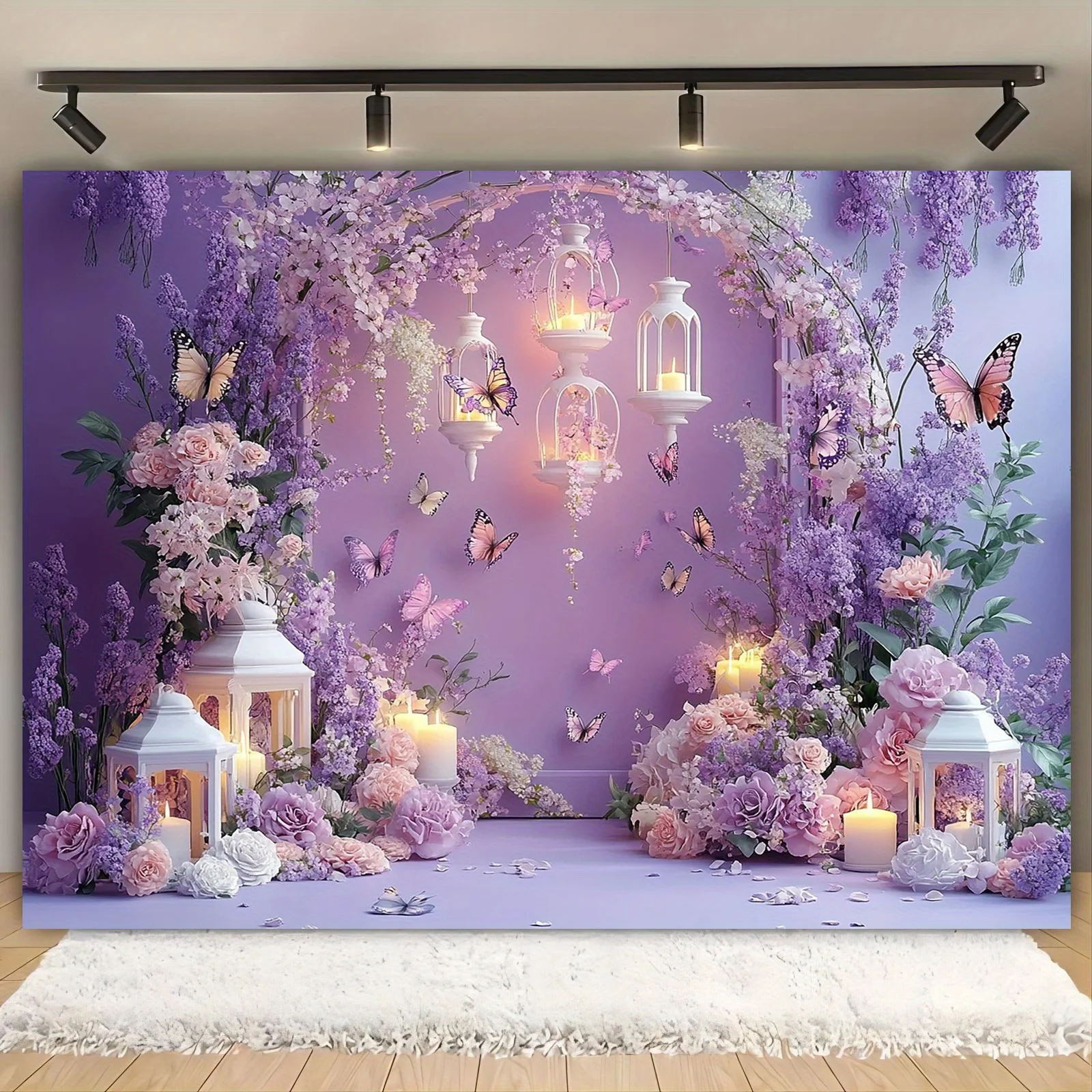 

1 2D-фон для вечеринки в богемном стиле с цветочными арками и фонариками, фиолетовый и розовый