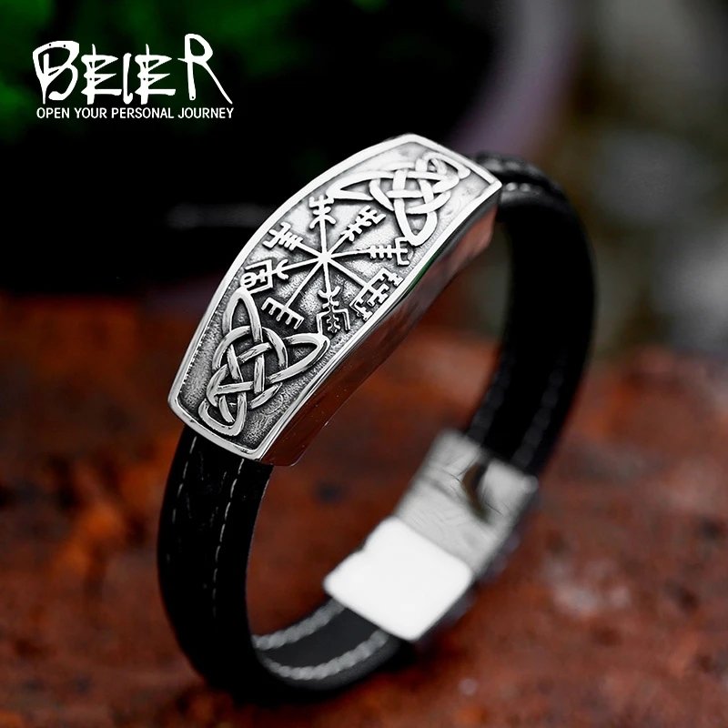 BEIER 2023 New Fashion Viking Celtic Knot Compass Runes Leather Men\'s Bracelet Bangle Fashion Jewelry For Men Gift High Quality