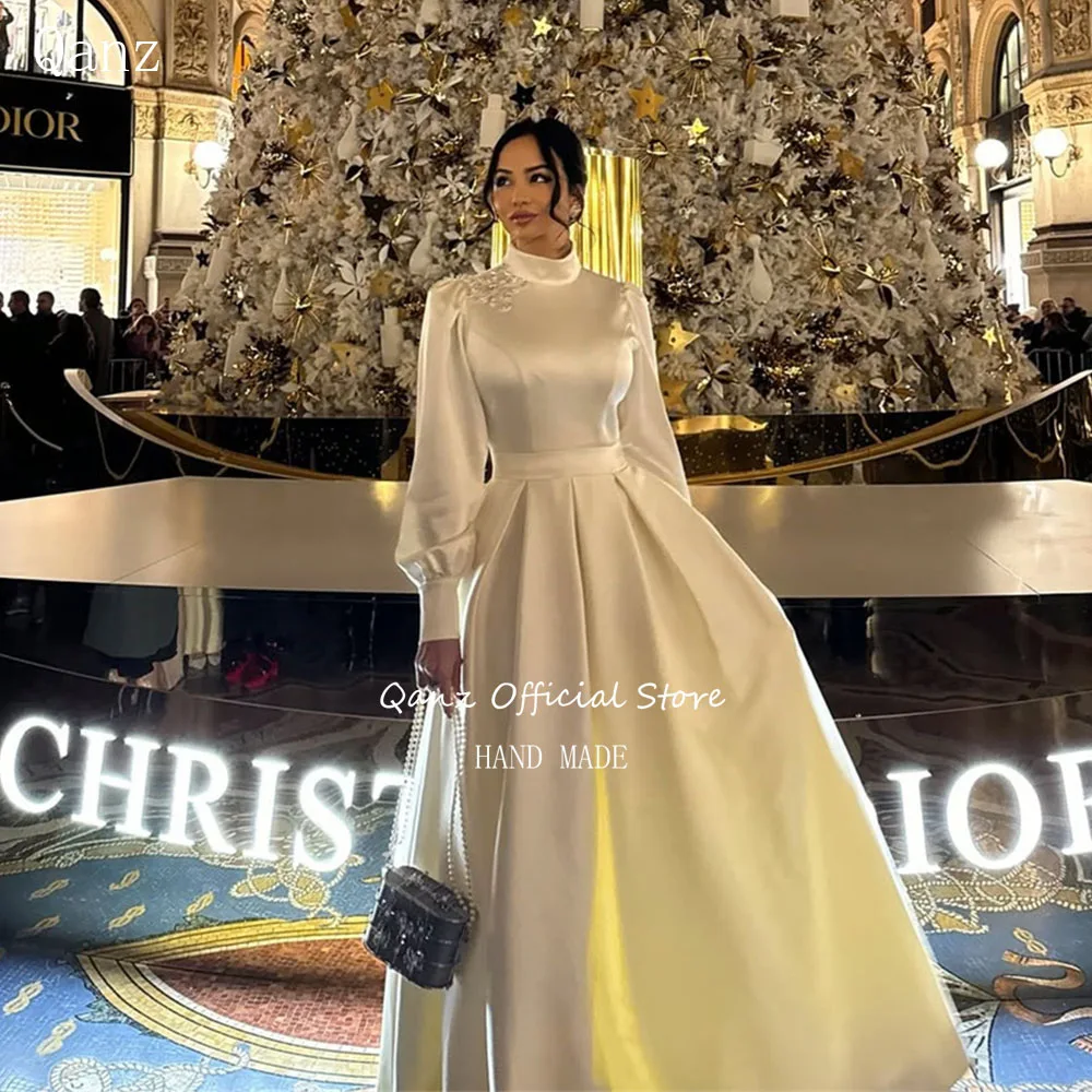 

Qanz Vintage Satin Wedding Dress Full Sleeves Beadings Vestido Femininos Long Evening Gown Dresses 2025 Luxury Gown Customized