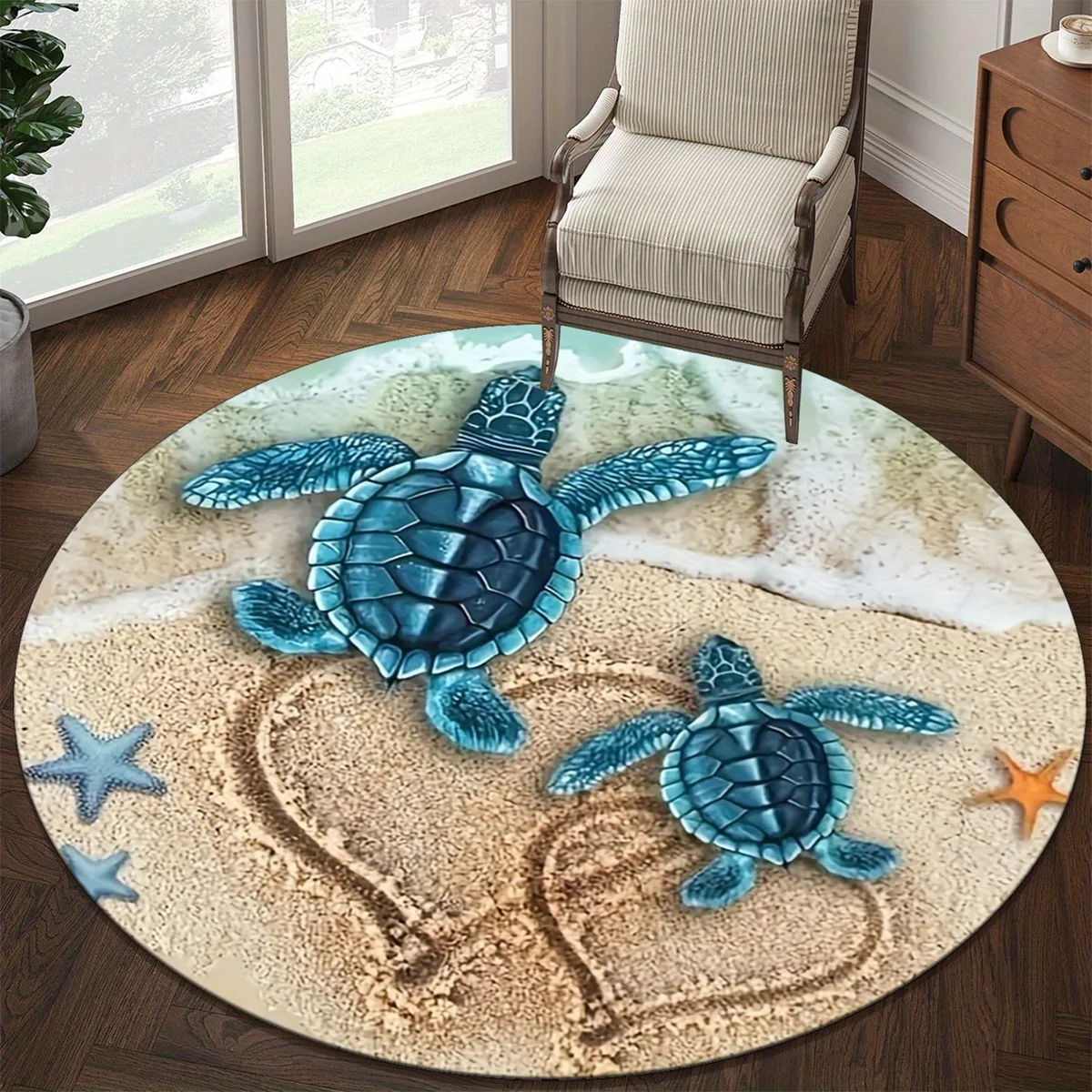 

1pc Round rug with turtle and heart pattern, crystal velvet fabric, suitable for bedroom and living room decoration