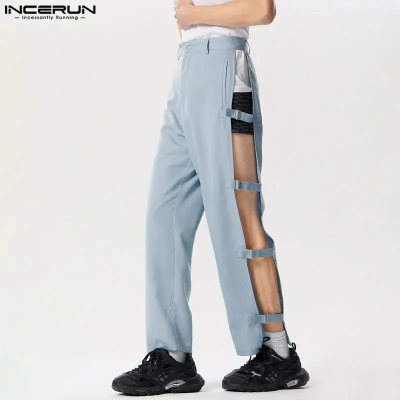 2024 Men Straight Pants Button Hollow Out Streetwear Casual Trousers Men Sexy Joggers Personality Fashion Pantalon S-5XL INCERUN