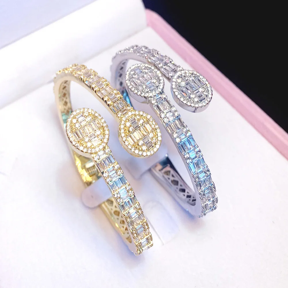 New Hip Hop Bracelet Full Diamond Elliptical Charm Inlaid with Zircon Opening Bracelet Jewelry