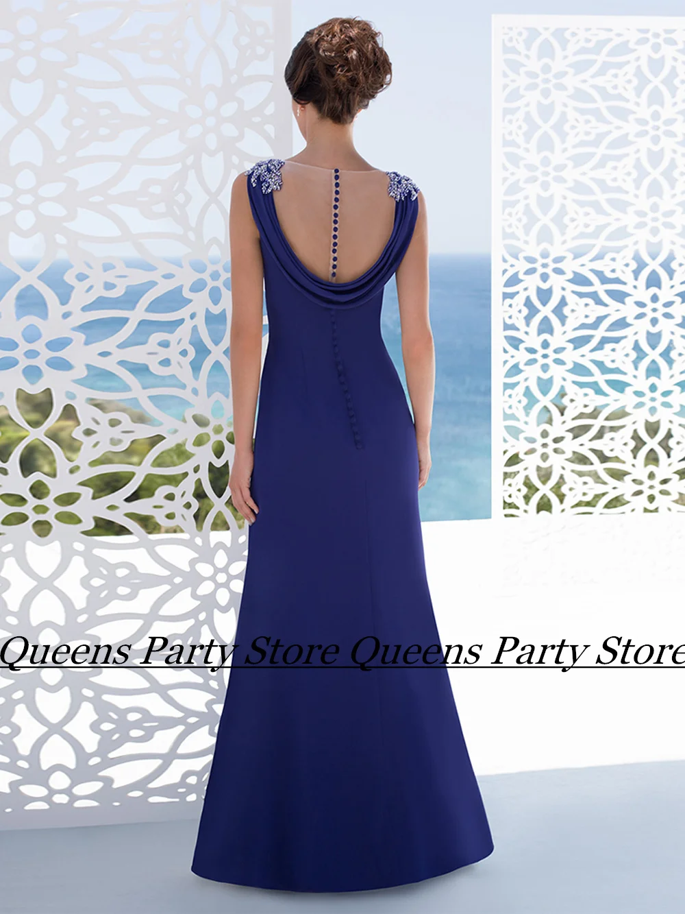 Vestido clásico para madre de la novia, traje de fiesta de noche azul marino, manga casquillo, cuentas de cuchara, apliques, longitud hasta el suelo, vestidos de invitados de boda