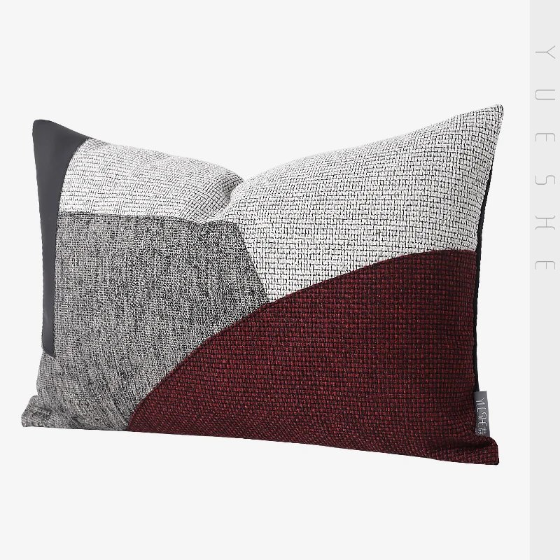 Simple modern geometric fabric stitching waist pillow light luxury model room living room sofa red pillow leather pillow cover