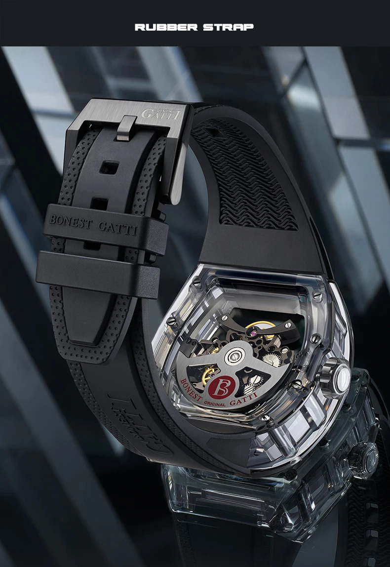 BONEST GATTI ساعة أوتوماتيكية للرجال 45 مللي متر Tonneau ساعة اليد الميكانيكية علبة أكريليك الياقوت مضيئة الهيكل العظمي الهاتفي فلوروروبر