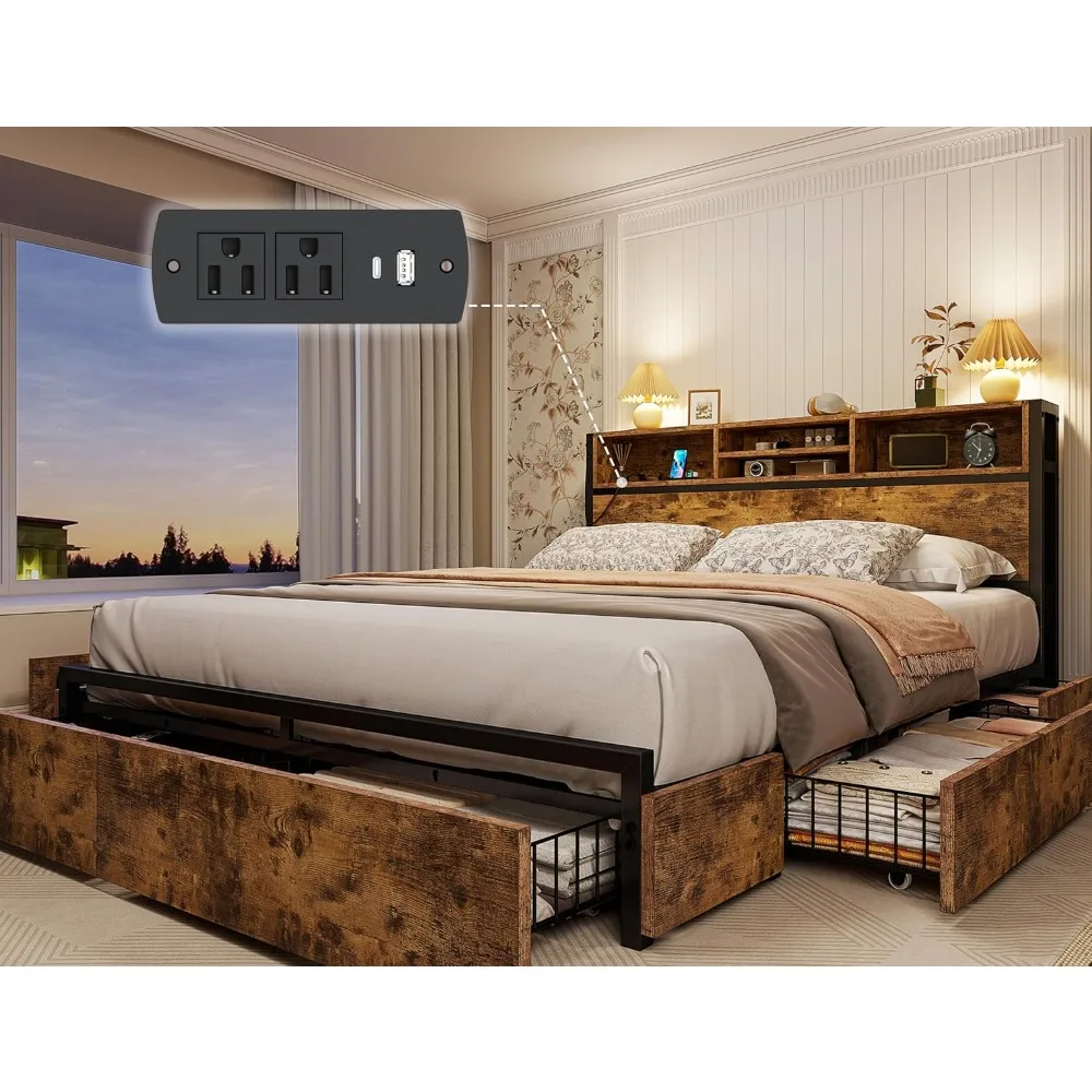 

EnHomee Queen Bed Frame with 6 Storage Drawers, Bed Frame Queen Size with Headboard & Charging Station, No Noise,No Box Springs