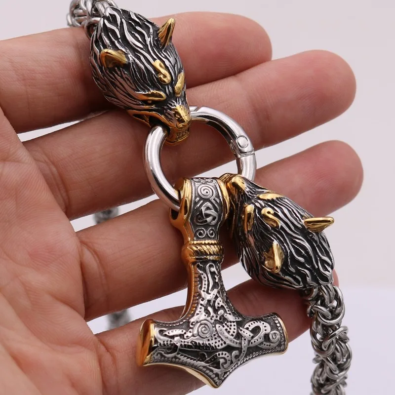 NEW 80cm EDC Self defense Gold Nordic Viking Quake Necklace Men's Wolf Pendant Bracelet Outdoor Stainless Steel Handmade Chain