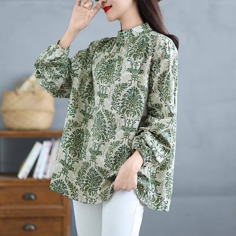 

een Floral Print Stand Collar Lantern Sve Sun Protection Long Sve Women's Loose Chiffon irt Autumn Faion Top