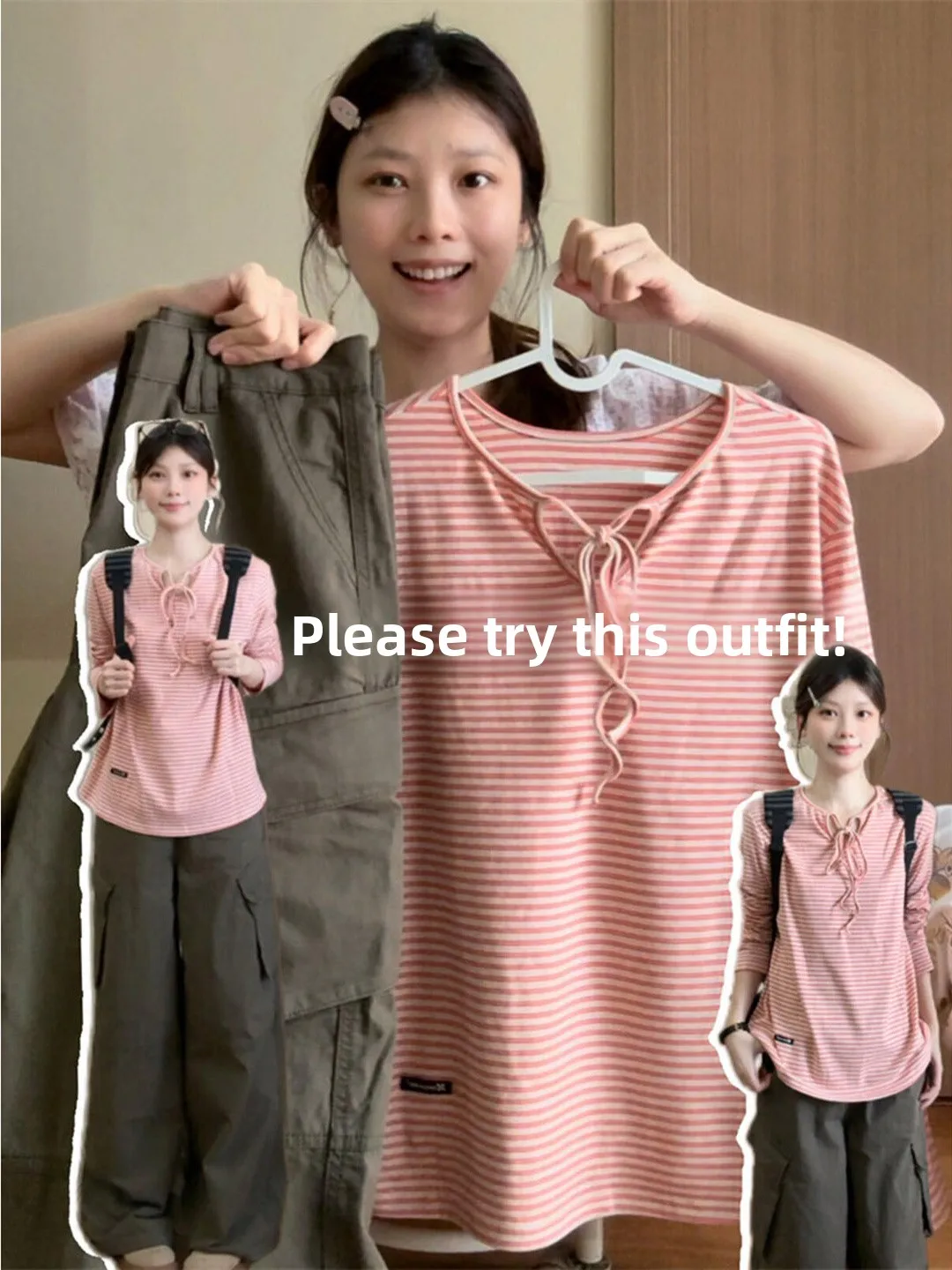 Korean Style Long Sleeve Striped T-Shirt Women Loose Casual Top Two-Way Wear Belted Casual Comfortable Breathable Fashion