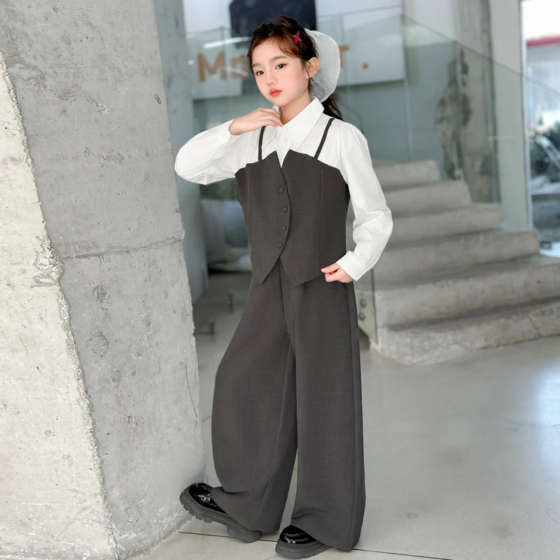 French design teen girl Blazer suit Irregular shirt collar patchwork top+Wide leg pants 2p junior kid trousers set child outfits