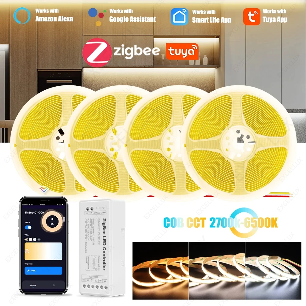 Tuya Zigbee COB CCT Led Strip 5m 10m 15m 20m 2700K-6500K 24V 608Leds/m COB Zigbee Strip Lights Works With Alexa Google Assistant