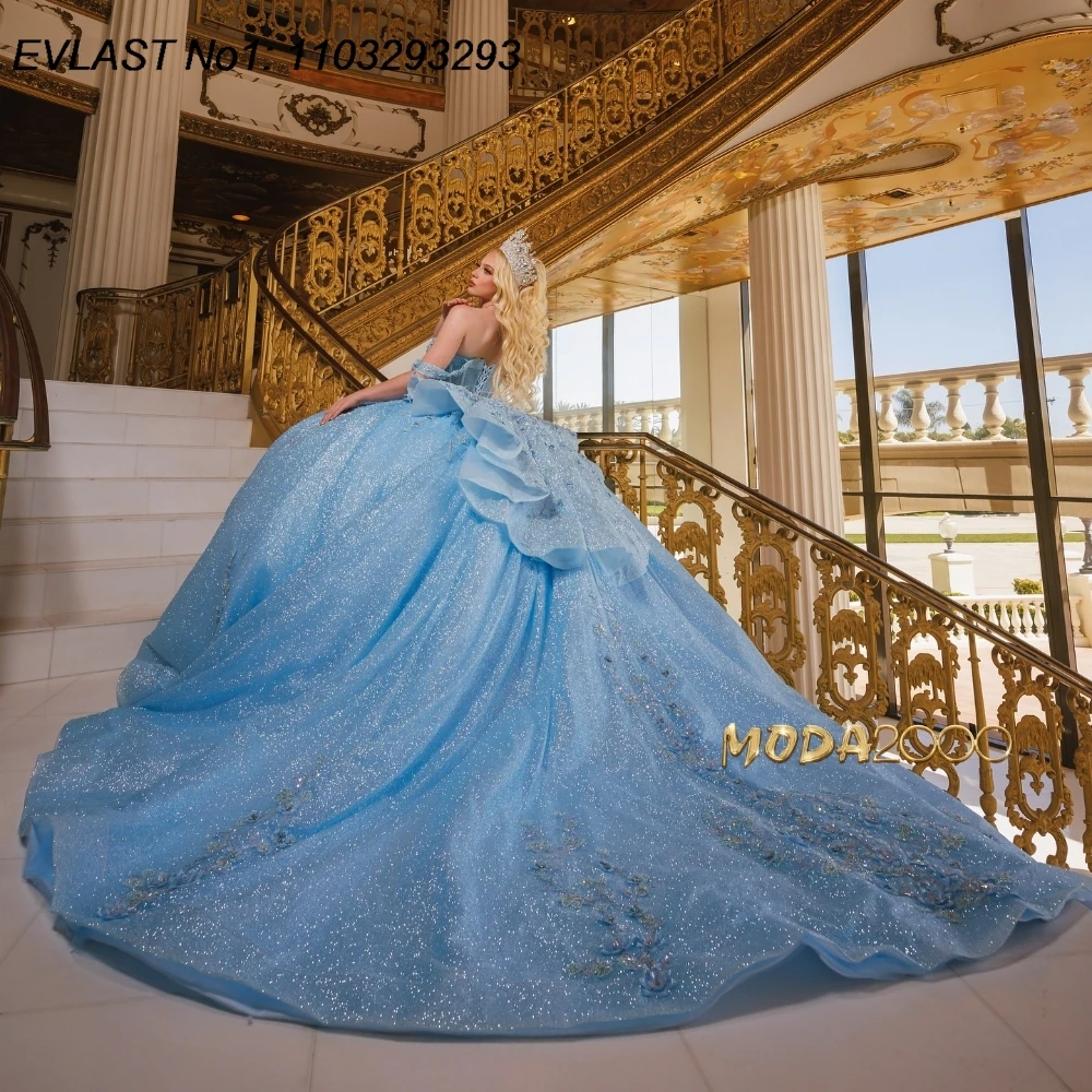 

EVLAST индивидуальное блестящее небесно-голубое платье Quinceanera, бальное платье с цветочной аппликацией и бисером, Мексиканское сладкое платье 16, Vestido De 15 Anos E1Q117