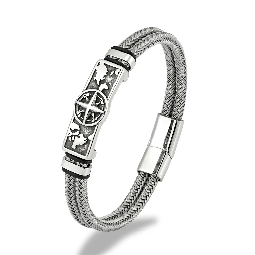 Compass World Map Wire Rope Bracelets for Men Fade-Proof Waterproof Norse Stainless Steel Wristband Vikings Amulet Male Jewelry view 5