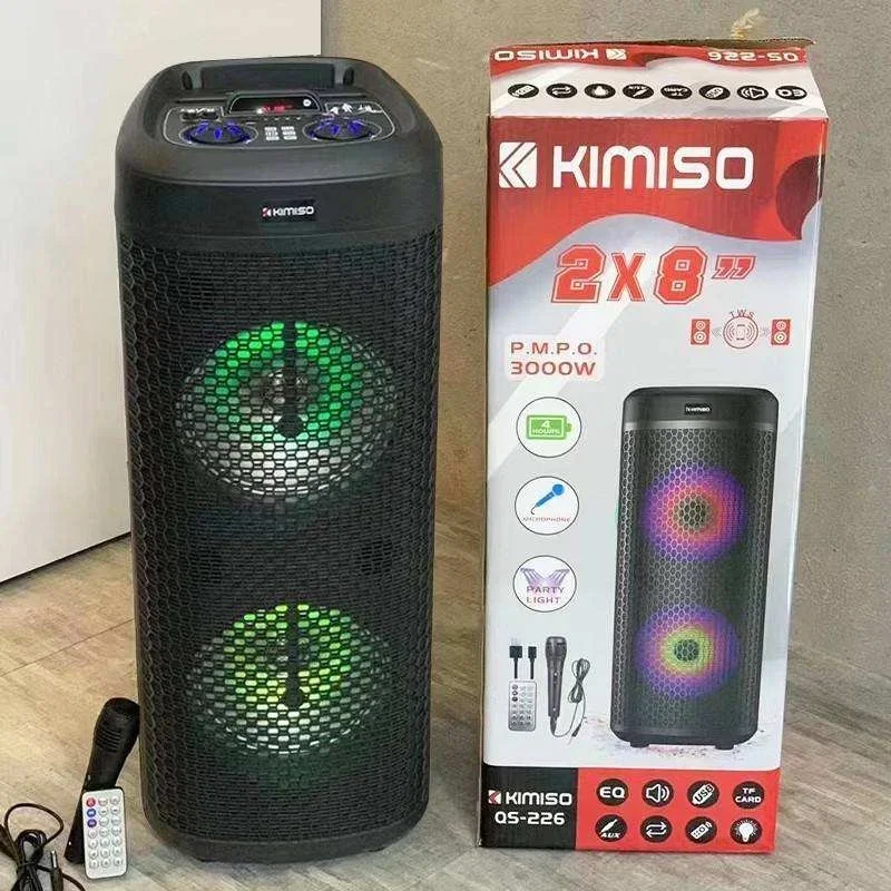 QS-226 Najnowszy bezprzewodowy głośnik Bluetooth KIMISO Podwójny 8-calowy głośnik tubowy Stereo Duży subwoofer TWS Głośnik zewnętrzny ze światłem